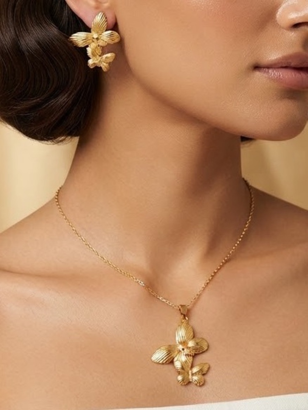 Stainless Steel Floral Drop Necklace and Earrings Set - Women Jewelry